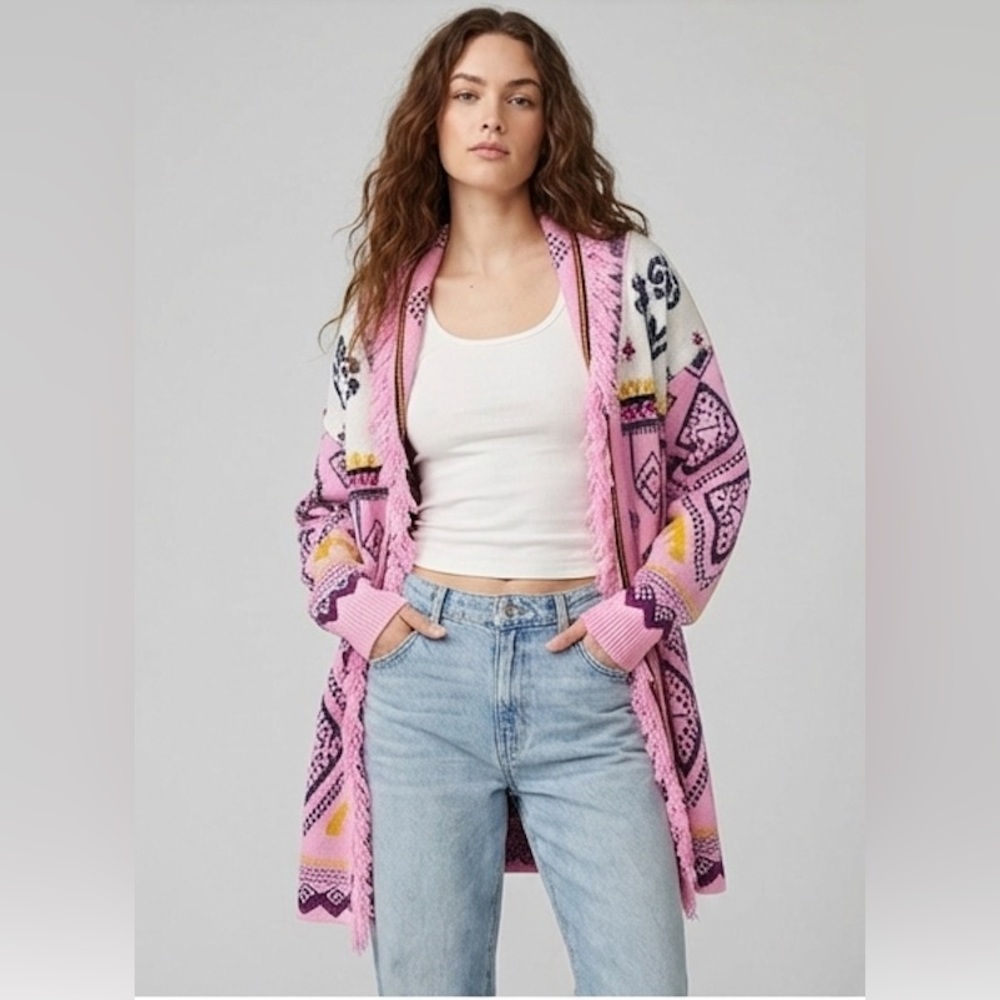 Pink Geometric Aztec Print Fringe Cardigan - Picture 3 of 15